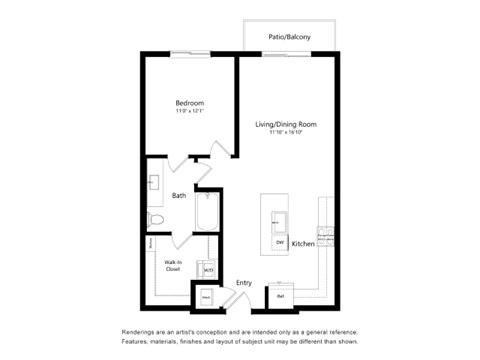 A floor plan of a small apartment with a bedroom, living/dining room, kitchen, bathroom, and entry.